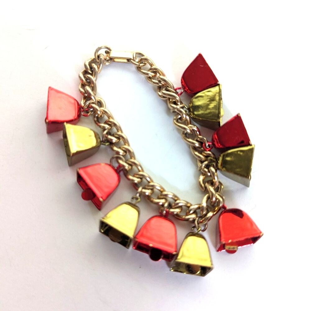Vintage Estate Light Gold Tone Chain Mini Jingle Bells Christmas Charm Bracelet